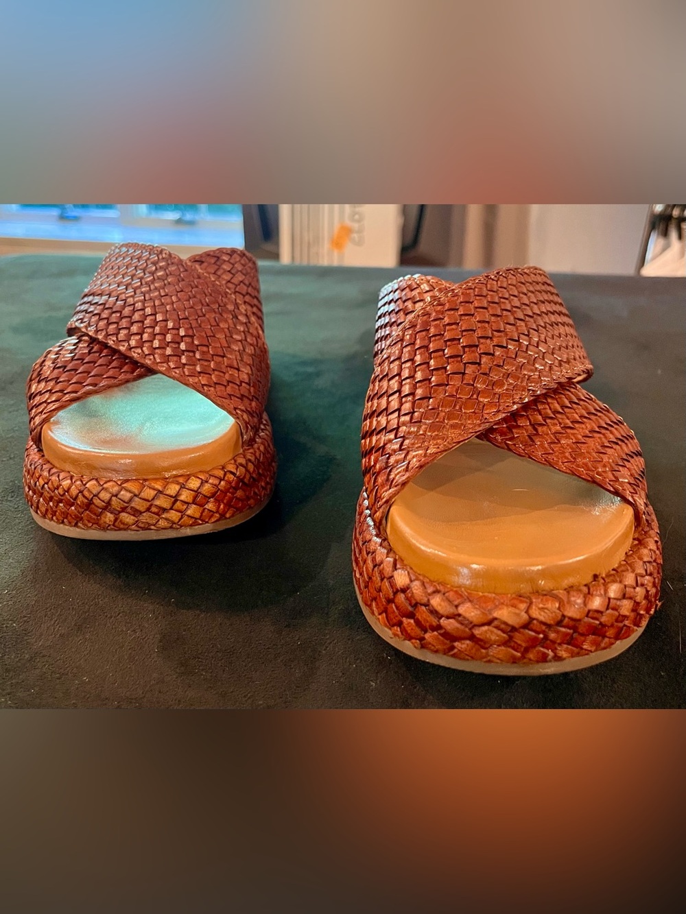 SCHUTZ Woven Crisscross Slide Mules - Cognac